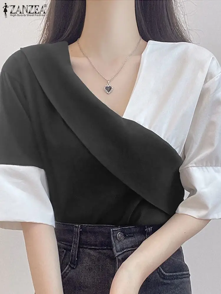 

Блузка ZANZEA женская с цветными блокировками, модная шикарная рубашка с V-образным вырезом, туника с полурукавами в Корейском стиле, повседнев...