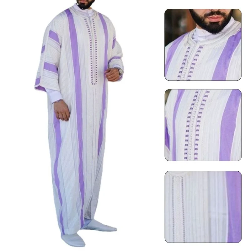 Muslim Mens Pink Long Sleeve Thobe Middle East Saudi Arab Kaftan Islamic Abaya Dress Dubai Robes with Striped Pattern