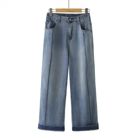 Женские джинсы больших размеров 100 кг, новые летние тонкие эластичные джинсовые прямые брюки, повседневные брюки до щиколотки, низ 8656