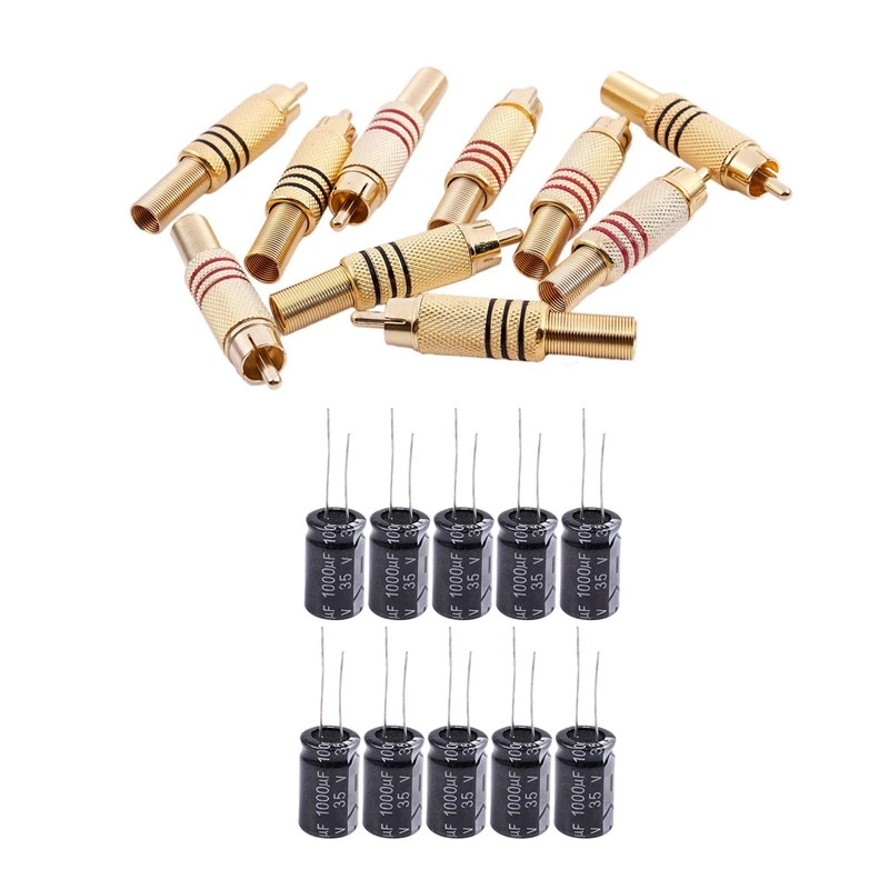 

10 Pcs 1000UF 35V Radial Aluminum Electrolytic Capacitors 13Mm X 21 Mm & 10Pcs Gold Tone Male RCA Plug Audio Connector Metal Spr