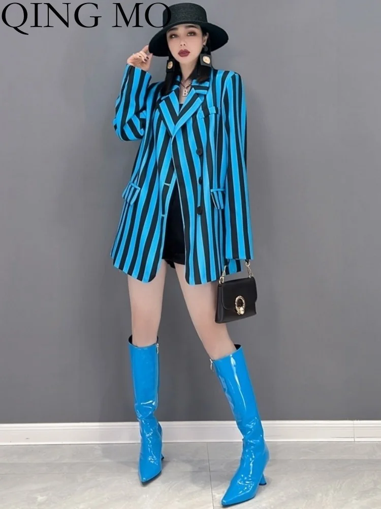 

QING MO 2023 Spring Autumn Lapel Suit Coat Loose Leisure Stripe Printing Slim Fit Temperament Coat Yellow Blue Women ZXF3136