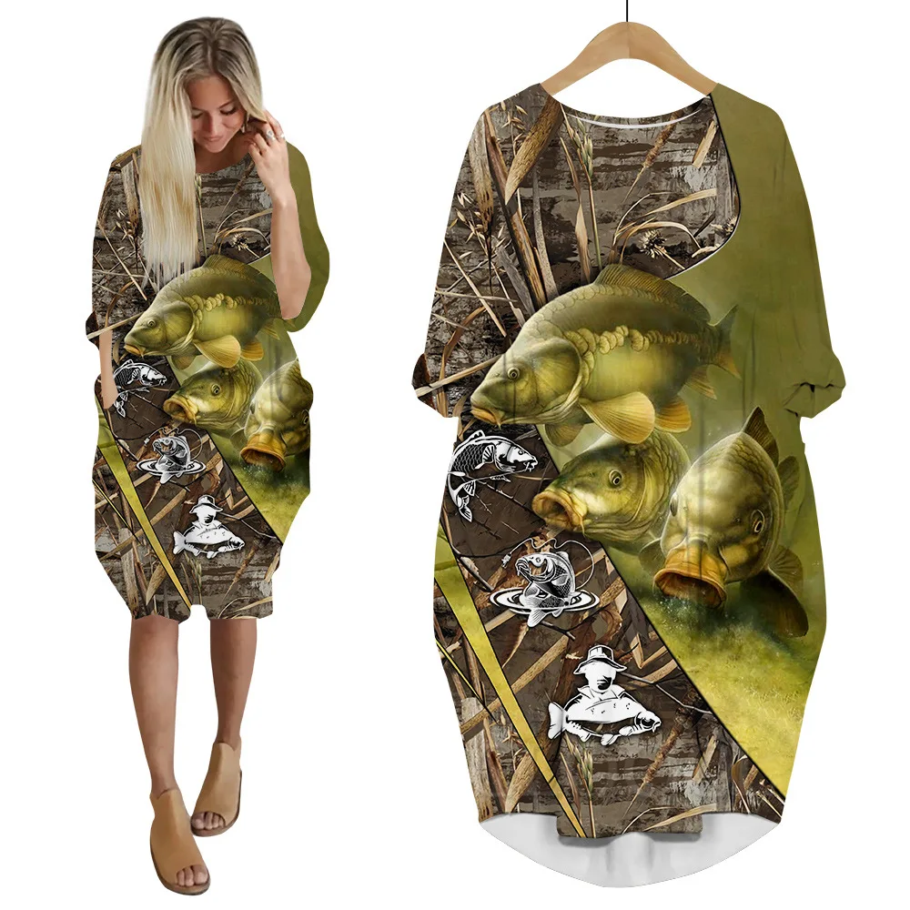

Hot Selling Dress 3D Digital Carp Print Long-sleeved Dress Casual Women's Dress