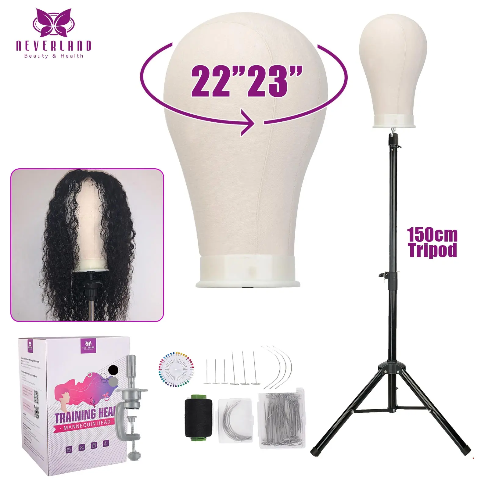 

Canvas Block Mannequin Head For Wig Stand Professional Wig Styling Training Manikin Doll Accesspries Kit 150cm Lever lock Tripod