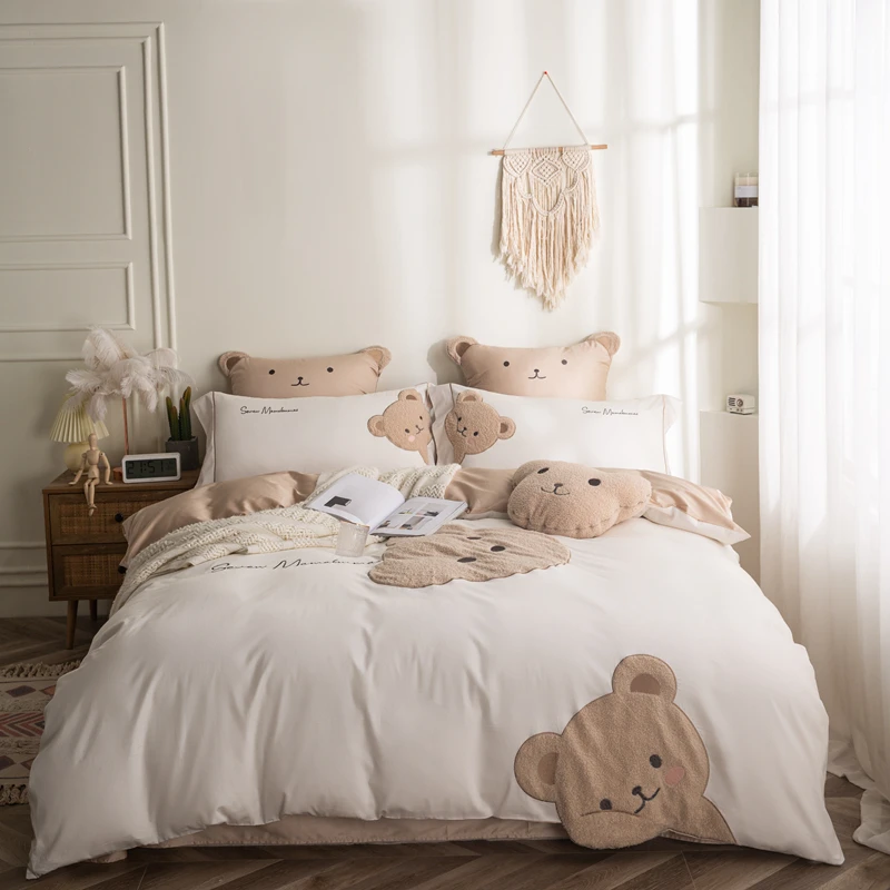 

Khaki Soft Cozy 600TC Egyptian Cotton Cartoon Bear Towel Embroidery Bedding Set Duvet Cover Bed Sheet Pillowcases Home Textiles