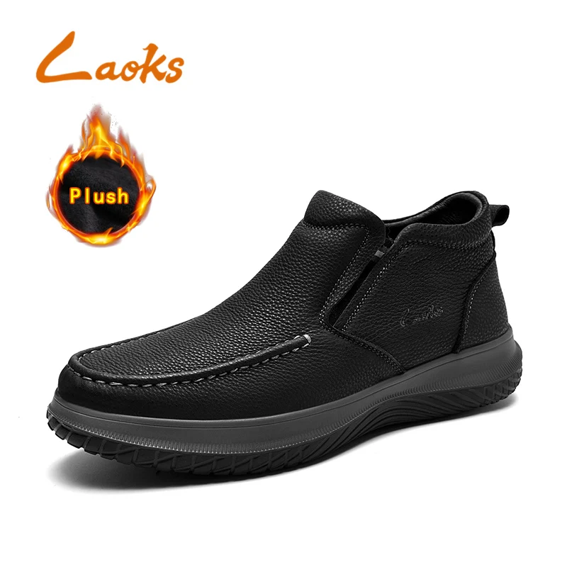 Laoks Men Leather Casual Shoes Chelsea Boots Fast Slide in mode Plush Warm Flat Ankle Boots Man Shoes Elastic Band Handmade L019