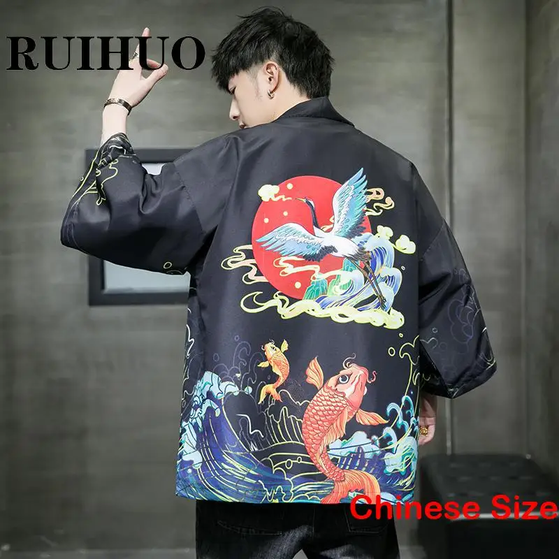 

RUIHUO Carp Print Men's Kimono Japanese Summer Clothes Shirt Blouse Vintage Clothing Haori Cardigans Cardigan 5XL 2023 Summer