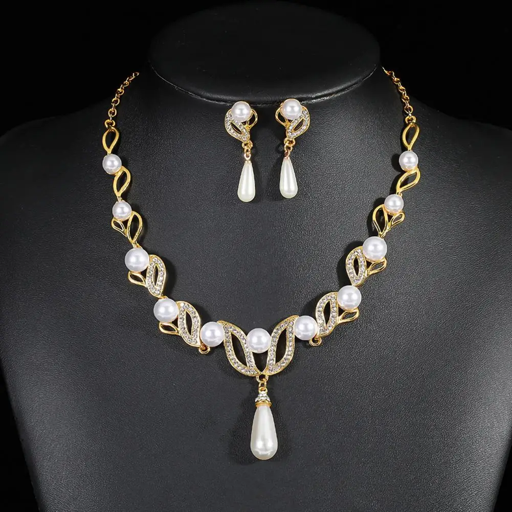 

2Pcs/Set Women Jewelry Sets Faux Pearl Waterdrop Shape Wedding Bridal Jewelry Rhinestones Earrings Necklaces Anniversary Gift