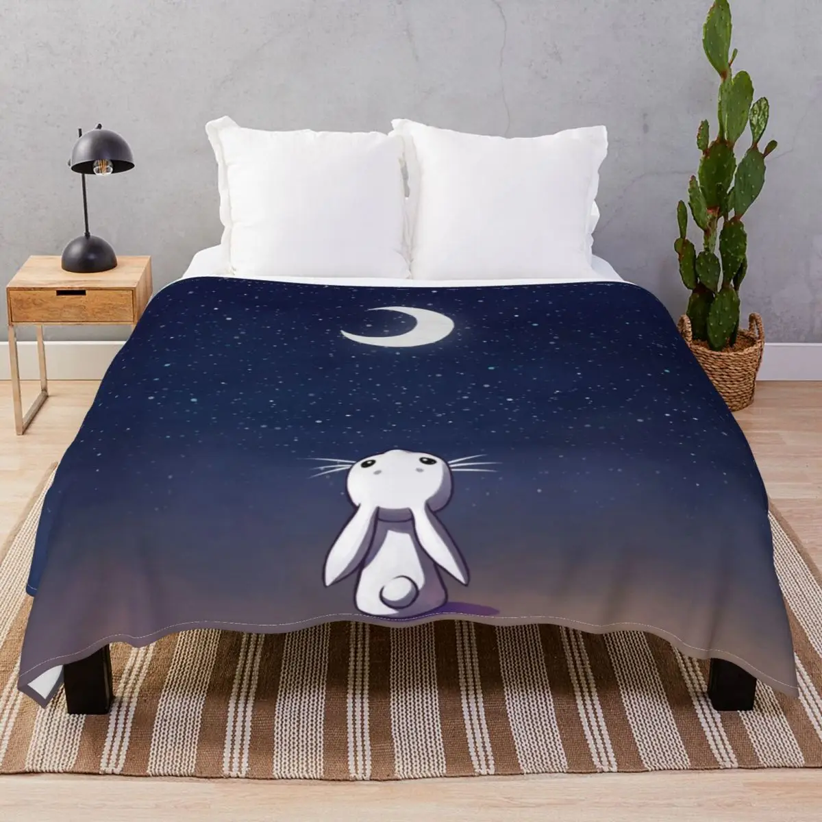 Moon Bunny Blankets Flannel Spring Autumn Lightweight Thin Throw Blanket for Bed Sofa Travel Cinema