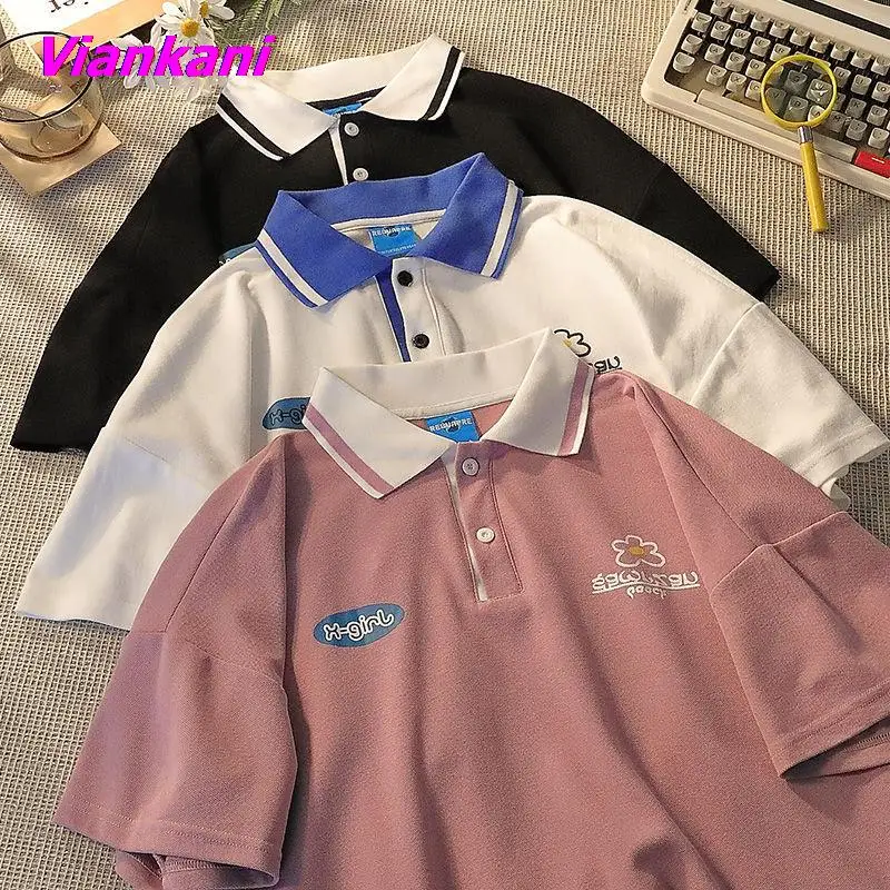 

Polo T-shirt For Women Cute Printing Cotton Female T-shirts 2022 Summer Pink Loose Harajuku Sweat Short Sleeve Girls Tops