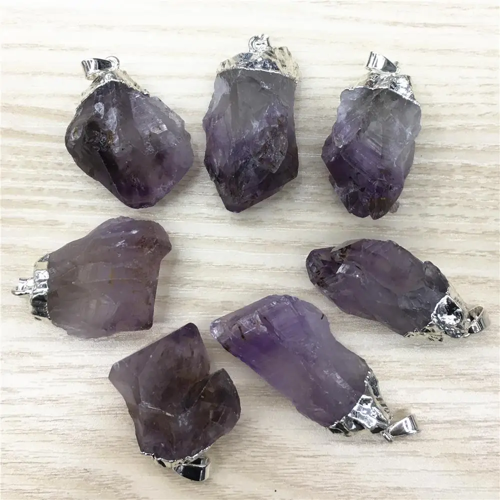 New Fashion Natural Stone Raw Ore Amethysts Silvers Pendant&Necklace Purple Crystal Gems Stone Pendants 6pcs for Jewelry Making
