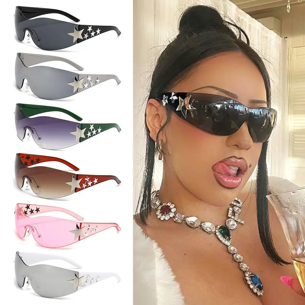 

Rimless Y2K Sunglasses for Women and Men Star Wrap Around Decor Sun Glasses Trendy Cool Black Shades Fashion Trendy Sun Glasses