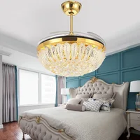 42 Inch Golden Invisible Inverter Ceiling Fan Lamp Living Room Bedroom Dining Room Fan Chandelier LED Lamp Crystal Fan Lamp