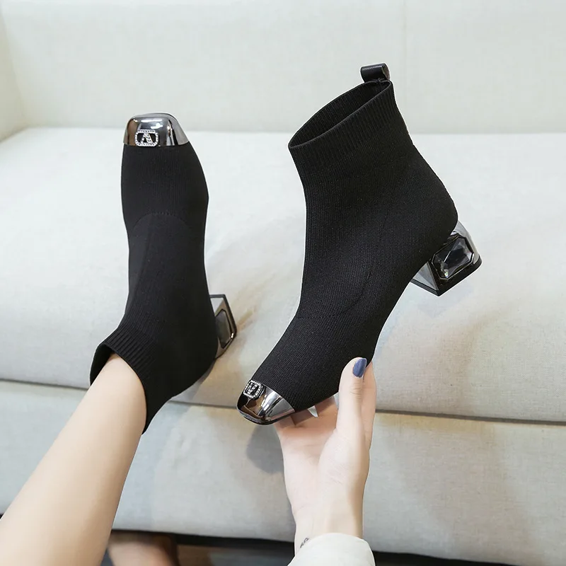

2021 New Square Head Knitted Ankle Boots Metal Head Sexy Square Med Heels Autumn Women Boots Fashion Socks Shoes Botas De Mujer