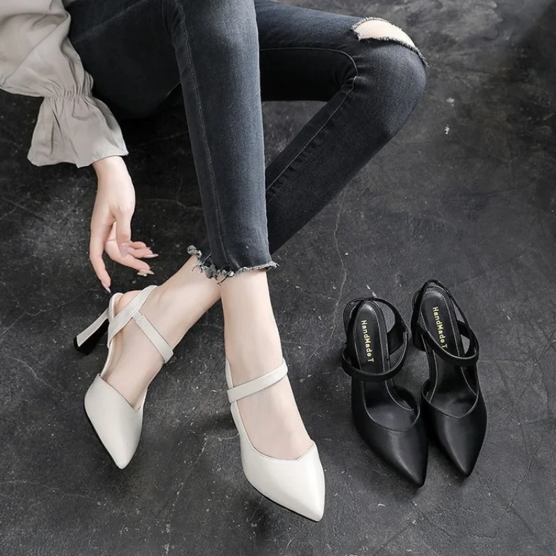 Soft Leather Solid Color Sandals Women 2023 Summer New Style Thick Heels with Baotou Fashion High-heeled Women's Shoes