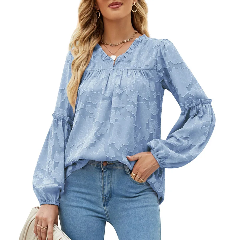 

Hot Selling Autumn New Women's Long-sleeved Shirts Solid Color Comfortable Casual V-neck Loose Top Women's Clothing Blouse Women
