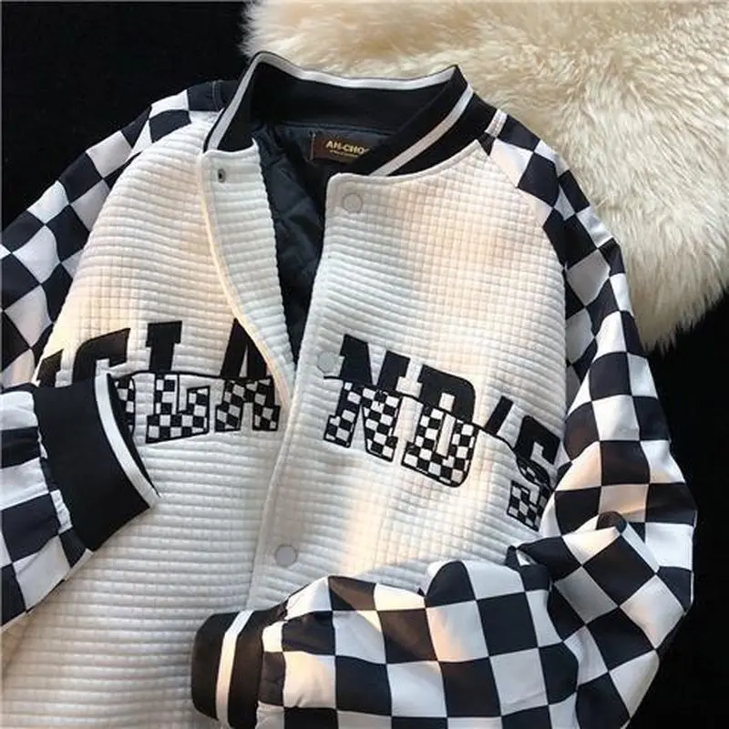 

Thicken bomber Jacket 2022 autumn winter checkerboard plaid Korean casual oversized vibe cardigan stand collar hip hop punk coat