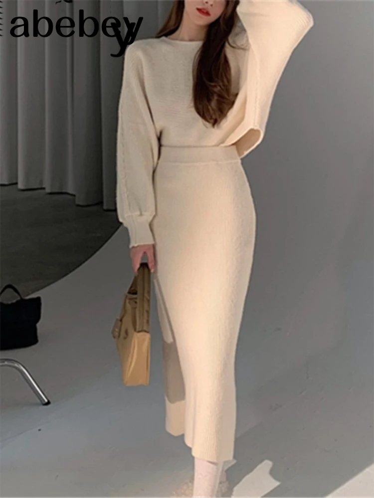 

Женский трикотажный комплект из 2 предметов, элегантный короткий пуловер и юбка с завышенной талией в Корейском стиле, 2022