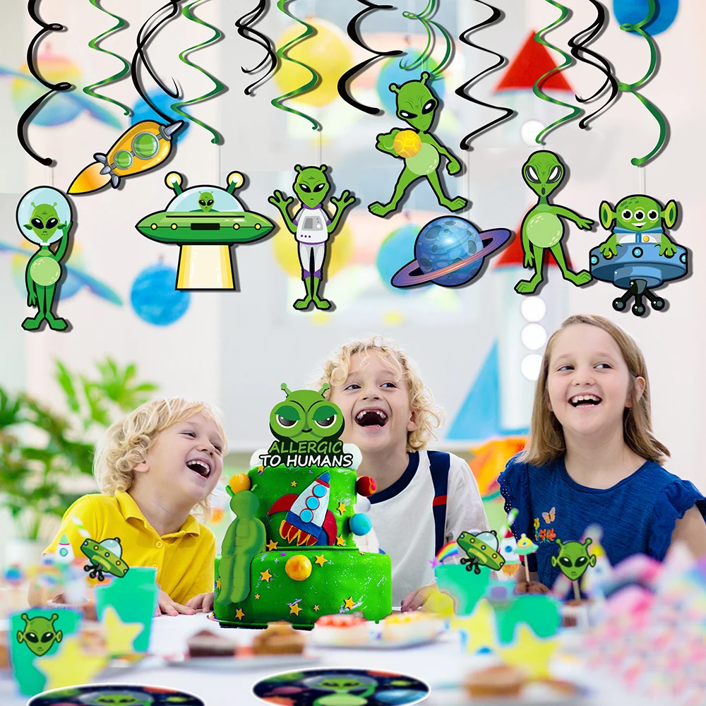 

30pcs/set Kids Cosplay Cartoon Space Saucerman Alien Game BIRTHDAY Party Hanging Spirals Backdrops Baby Shower Party Decorations