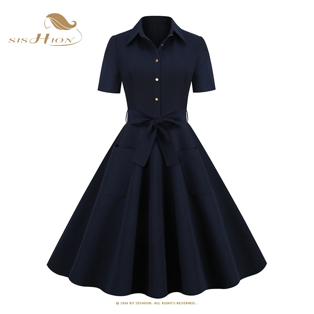 

SISHION Navy Blue Vintage Pinup Robe Cotton Long Dresses Women Button Up Belted Pockets Rockabilly Swing Dress Elegant VD3328