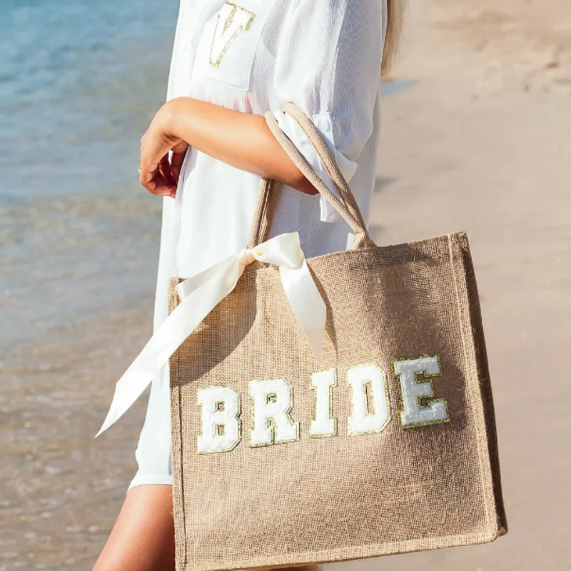 

BRIDE Pattern Bag Linen Cloth Material Party Beach Tote Bags Large Capacity Women's Makeup Bag Fashion Versatile Sewing Handbags