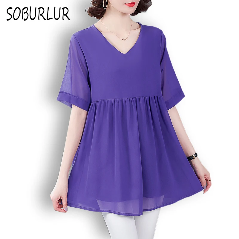 

Double Layer Chiffon Shirts Women Summer Loose Casual Short Sleeve Blouse Female V-neck Fashion Long Blouses Solid Top