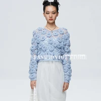 high end 2022 new luxury fashion proportion pure wool handmade crochet 3d rose flower sweater knitted pullover female sweaters