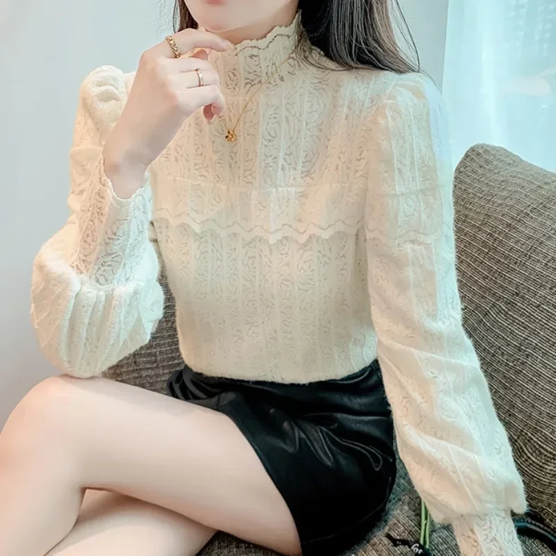 

Blusas Autumn and Winter Lace Jacquard Bottoming Shirt Fashion Women Casual Sweet Blouse Bubble Sleeves Chiffon Shirt 29713
