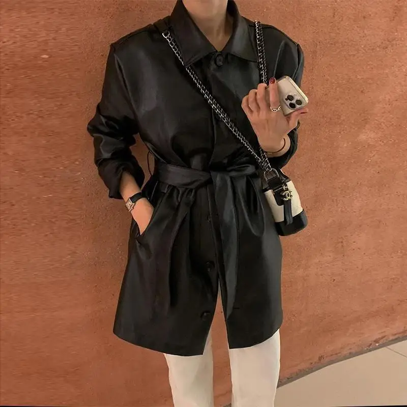 Black Leather Coat. Women's Autumn Midi Length Waist Coat  Office Ladt Brown  Pockets  High Street  Leather & Suede Clothes