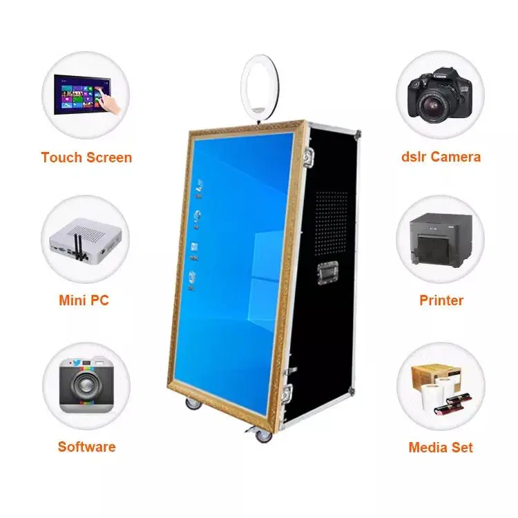 

Portable Business Use LED Ring Light Retro Wooden Frame Mirror Automatic Photo Booth Kiosk Station For Social Media Photo Booth