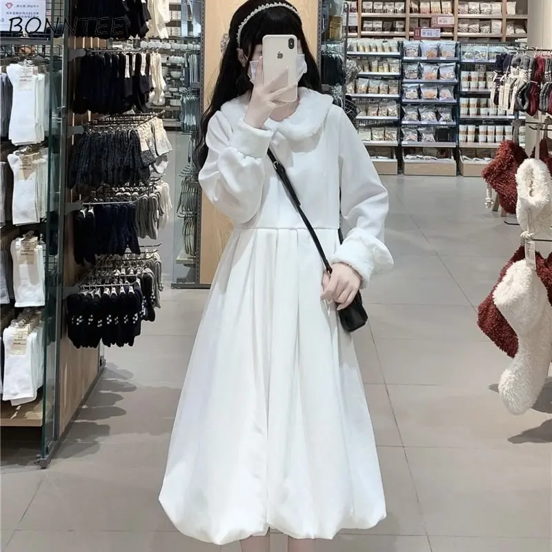 

Женское милое осеннее милое однотонное платье-трапеция с длинным рукавом в японском стиле