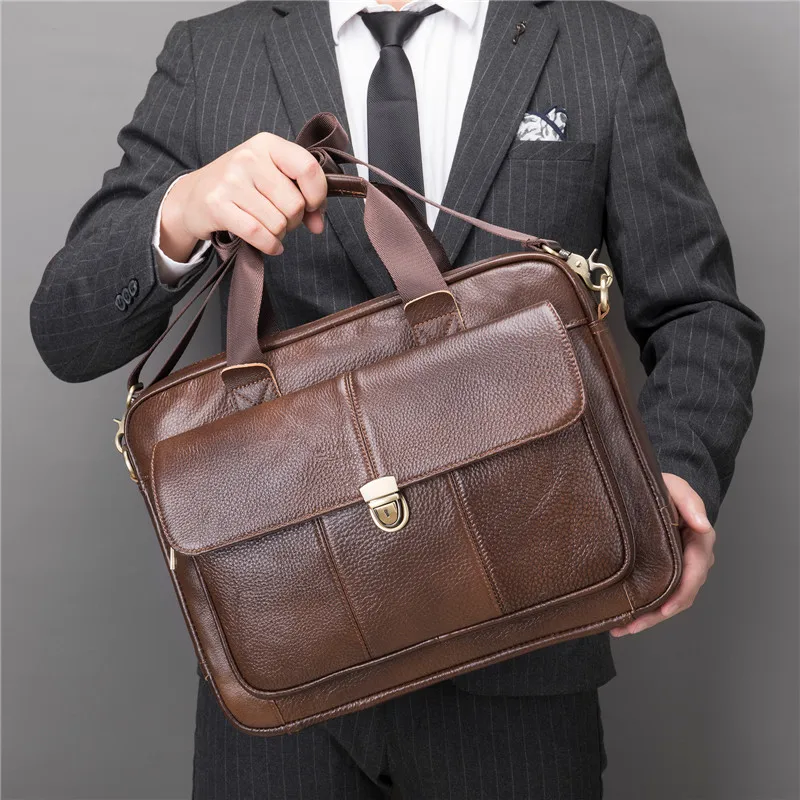 Business casual genuine leather men's briefcase vintage luxury soft real cowhide anti-theft handbag work laptop messenger bag