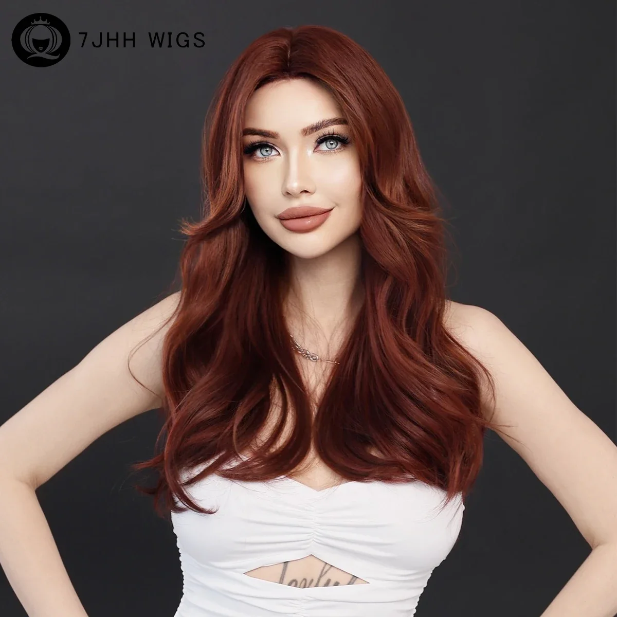 Фото 7jhhwigs высокая плотность средней части винно-красный парик для женщин ежедневные искусственные Многослойные волнистые волосы парики с челкой-занавеской №1