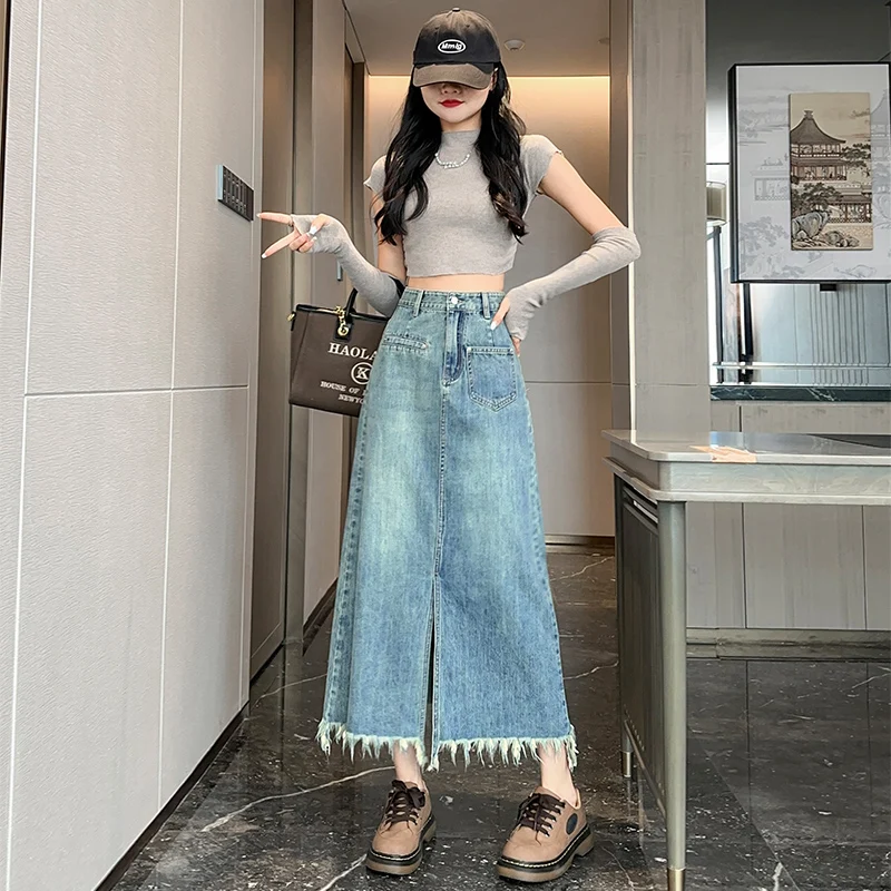 

2023 summer new double-layer raw edge retro blue casual street style women's all-matching skirt, open fork cowboy skirt