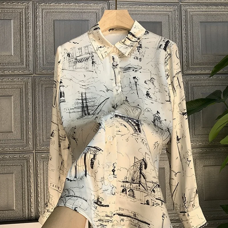 

Imitation Silk Shirts Elegant Print Blouse Long Sleeve High Quality Camisas De Mujer Tops