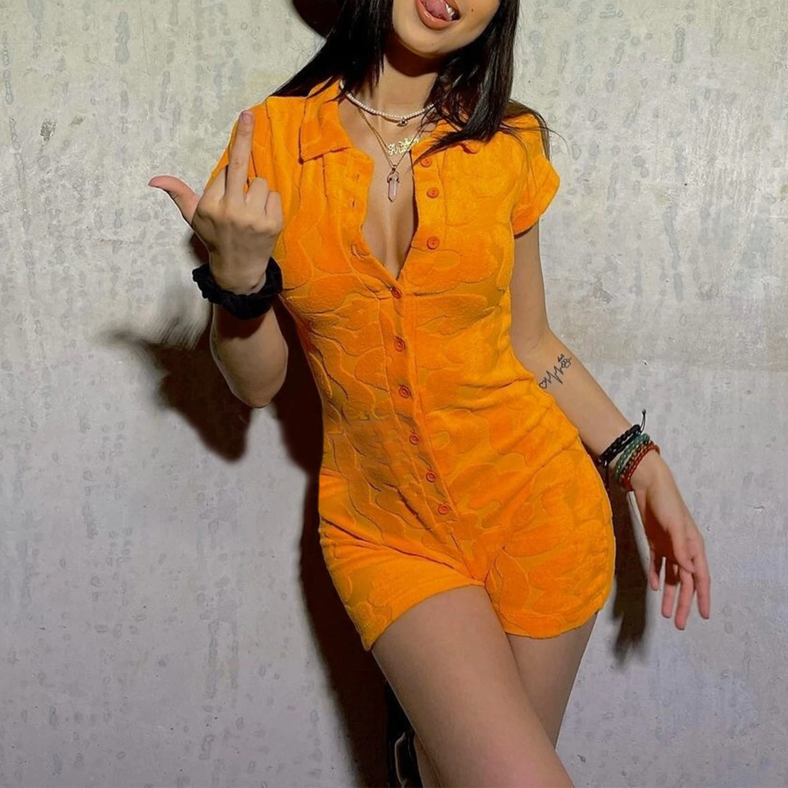 

Women Orange Halloween Rompers Bodysuit Y2K Short Sleeve Bodycon Jumpsuit Sexy Print Pattern Buttons Overalls Playsuits