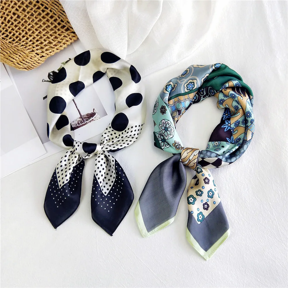 

Элегантный шелковый шарф в горошек, женский квадратный цветочный шарф 70 см, Модная Тонкая Декоративная повязка для волос, хиджаб, бандана, платок, повязка на голову, оптовая продажа