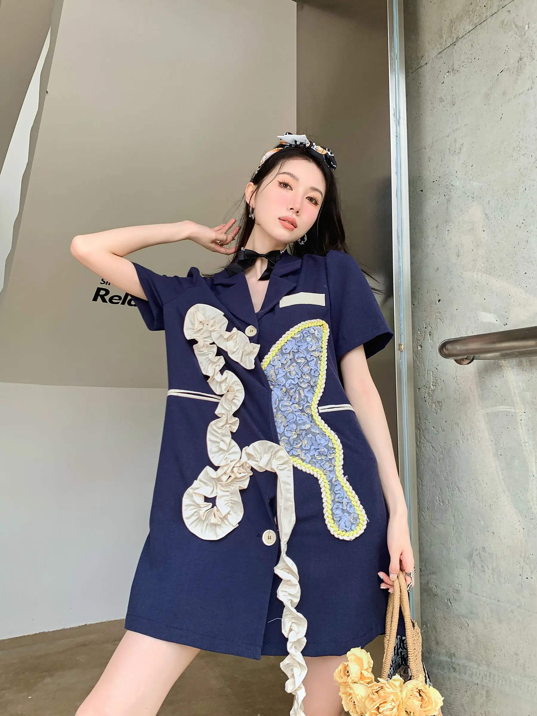

DALMAZZO French Designer Patchwork Contrasting Colors Ruffles Blazer Dress Women Notched Single-Breasted Loose Summer Dresses