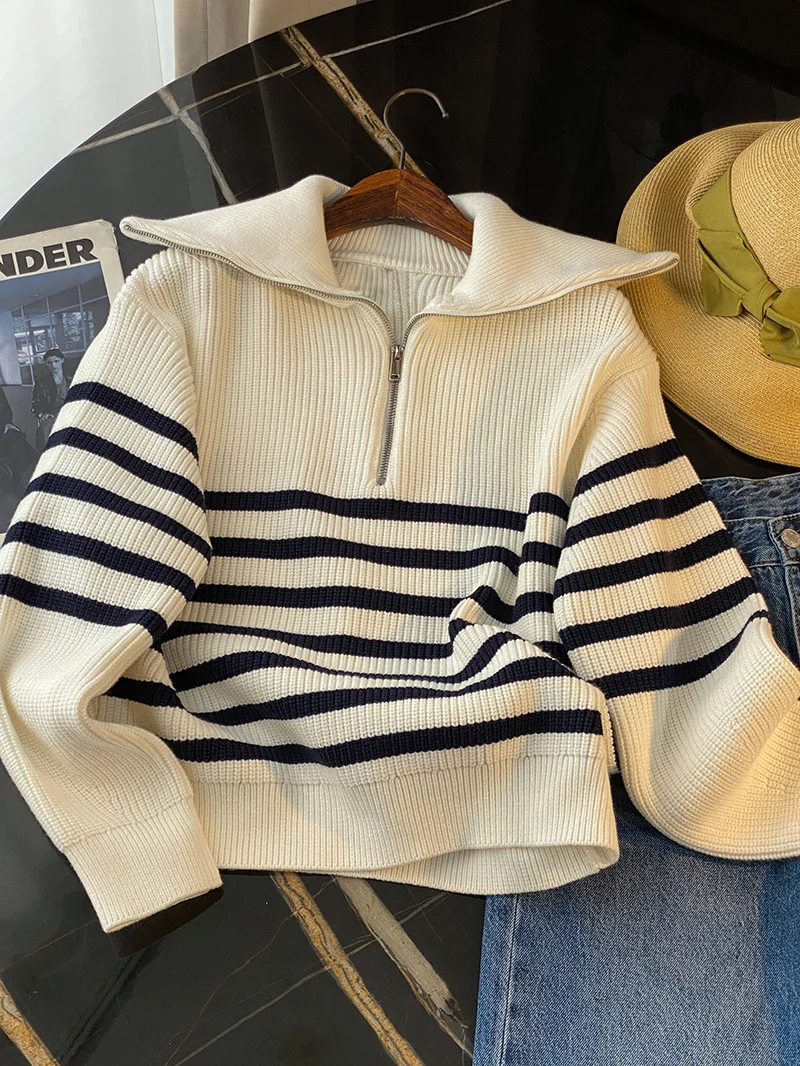 2022 New Women Vintage Striped Jumper Casual Sweater POLO Navy Neck Long Sleeve Female Autumn Winter Knit Pullover Top