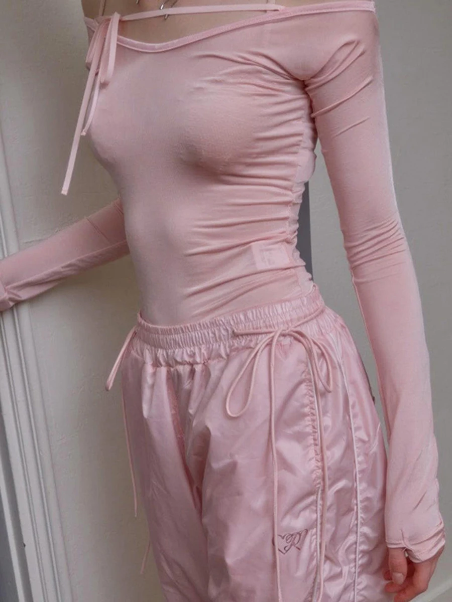 

Vintage Mesh Crop Top with Off-Shoulder Design and Long Sleeves - Slim Fit Bandage T-shirt for Women Solid Color Y2K Fairy
