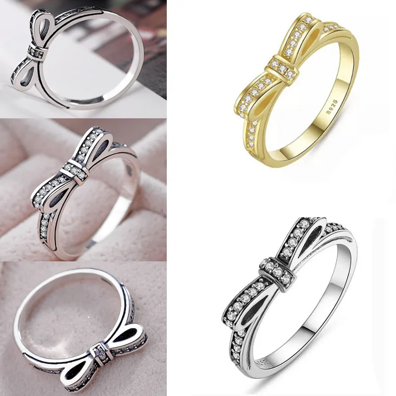 

Milangirl Simple Ladies Women's Ring Ancient Silver Color Bowknot Inlaid Crystal Rhinestone Female Ring for Women Party Jewelry