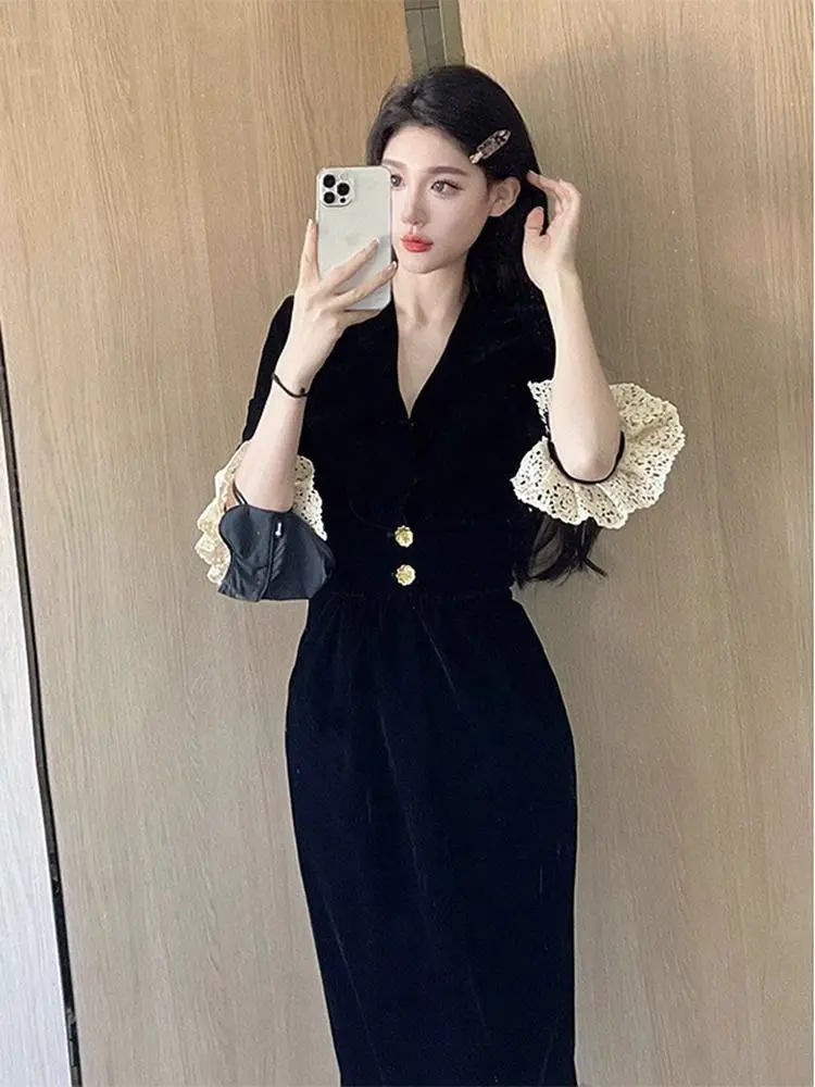 Korejepo Черное легкое роскошное платье в стиле Хепберн с длинными рукавами 2024