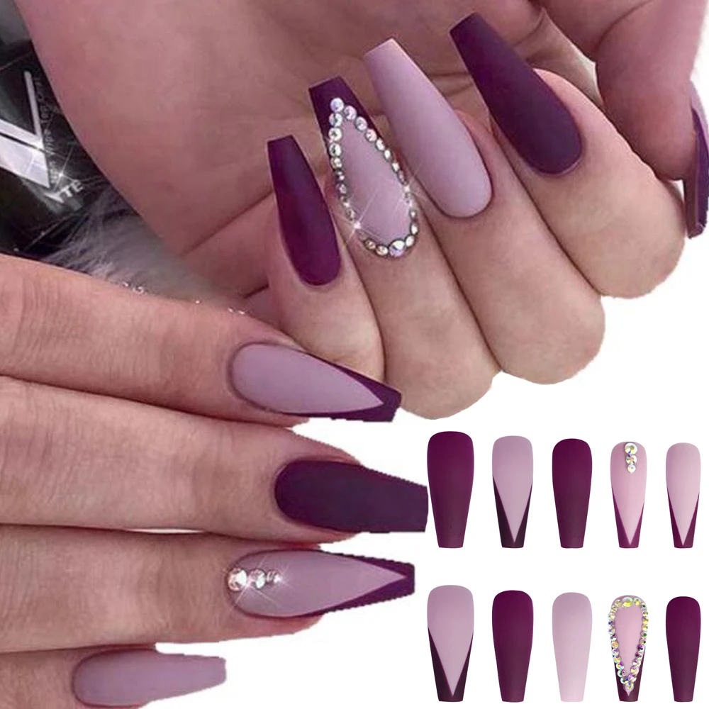 Французские накладные ногти V-образной формы с бриллиантами матовые полностью