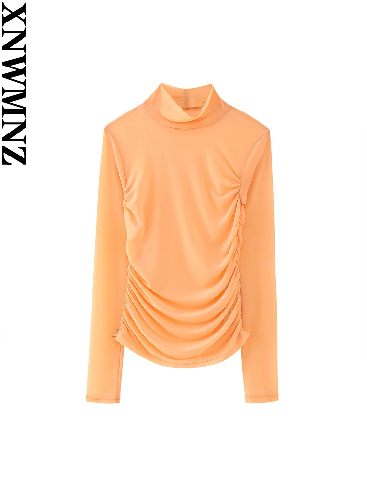 

XNWMNZ 2023 Women Fashion Draped Tulle Semi-sheer Top Woman Vintage High Neck Long Sleeve Slim Fit Female Chic Top