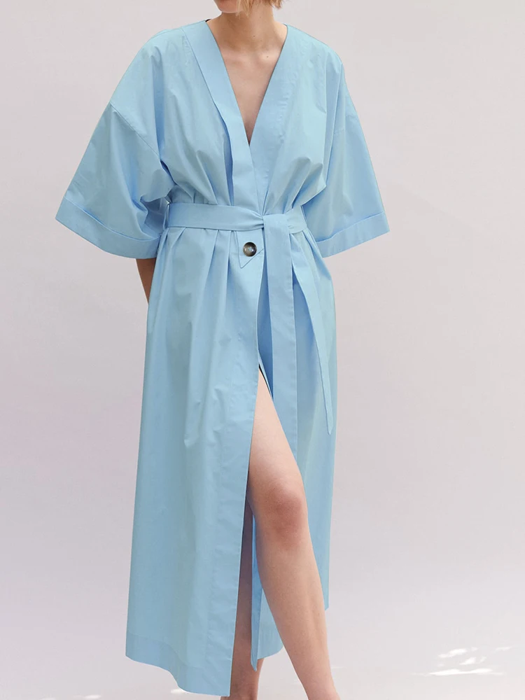 

Linad Blue Robes For Women Loose Half Sleeve V Neck Sleepwear Sashes Summer Bathrobe Female Casual Nightwear Cotton Pajamas