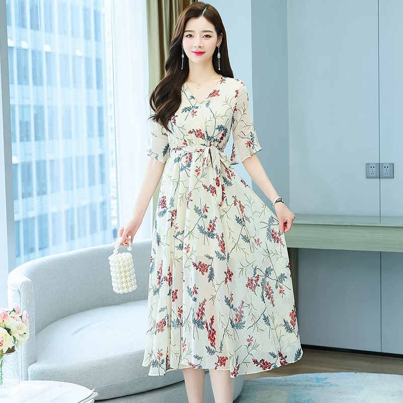 

Spring Elegant Chiffon Dress for Women Summer Floral V-neck Skirt Fashion Office-lady High Waist Fairy Dress Robe Femme 24610