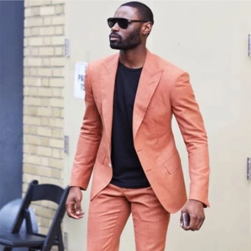 

2022 Latest Designs Peaked Lapel Two Buttons Men Suits Custome Homme Peach Tuxedos Cool Blazer Men Handsome Slim(Jacket+Pants)