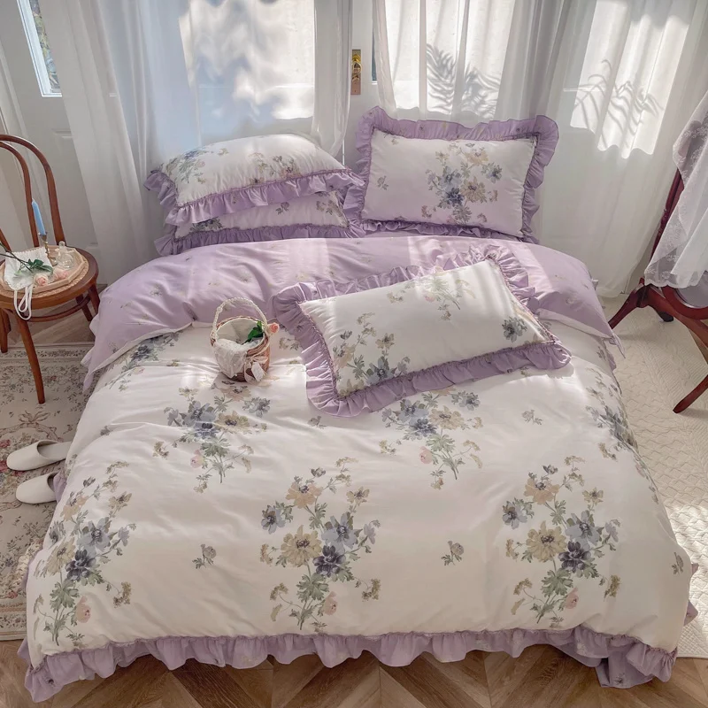 

100% Cotton French Vintage Gardenia Printing Princess Bedding Set Rural Flowers Ruffles Quilt/Duvet Cover Bed Linen Pillowcases