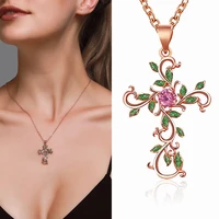 new personality flower green leaf cross necklace temperament cubic encrusted leaf clavicle chain jewelry accessories wholesale