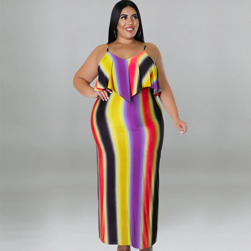 Plus Size Women's Clothing 2022 Summer New Inter-color Printed Suspenders Sexy Hip-pack Ladies Dress XL-5XL Oversized