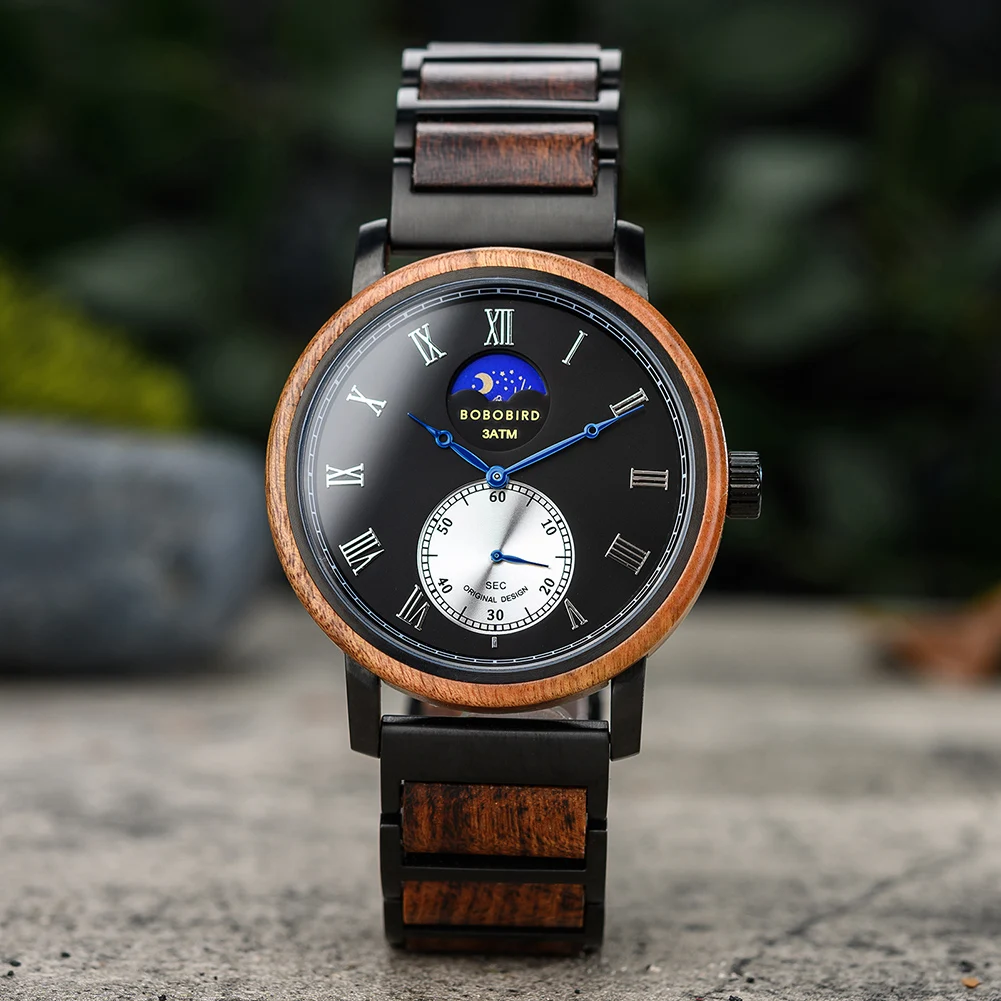 Wood Watch BOBO BIRD Top Brand New Men Quartz Wristwatch Moon Phase Clock Classic Luxury Watch Personalized Engraved Gift Box